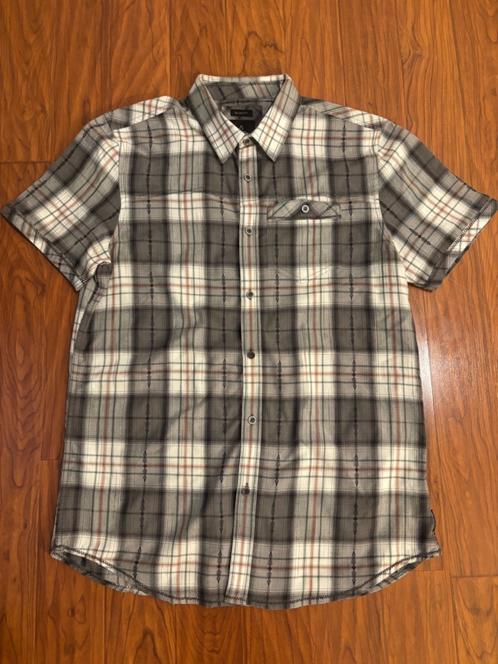Prana Patras Slim Fit Gray Plaid Short-Sleeve Plaid Button-Up Shirt Mens Large